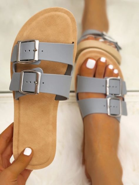 Buckle Decor Slide Sandals | SHEIN USA Slippers For Ladies, Elegant Shoes Heels, Sandals Shein, Fancy Sandals, Gents Shoes, Leather Slippers For Men, Women Slippers Fashion, Women Flat Sandals, Pretty Sandals