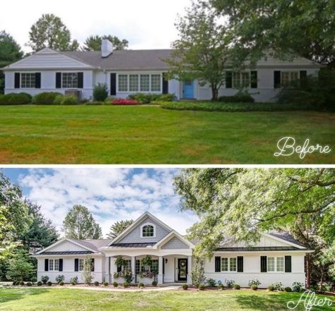 Roof Pitch Before And After, Brick Ranch Makeover House Exteriors, Ranch Home Remodel Exterior, Ranch Home Extension Ideas, Ranch Style Exterior Remodel, Adding Gables To A Ranch Home, Ranch House Before And After, Faux Dormers On Ranch House, 60s Ranch Exterior Remodel