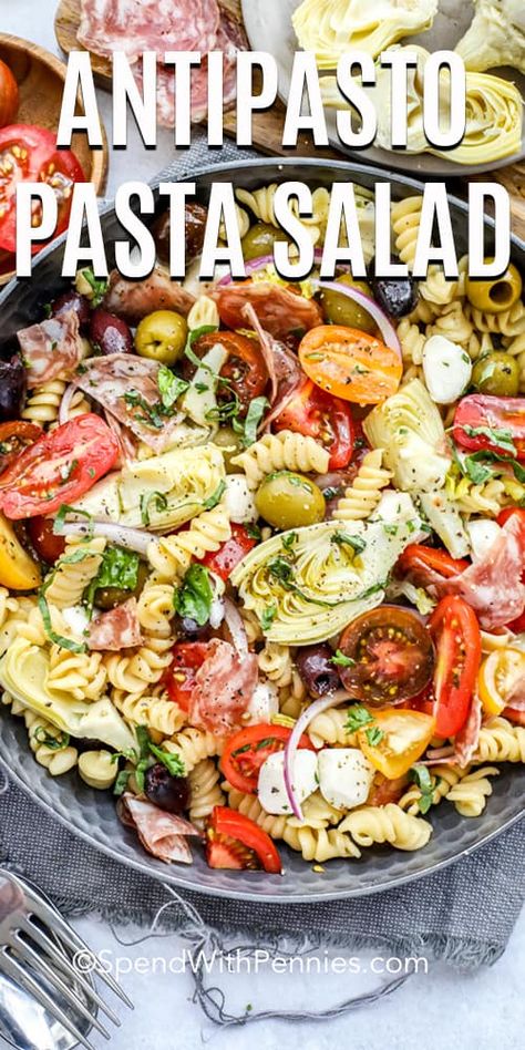 This easy antipasto pasta salad recipe is made with cherry tomatoes, pasta, meat, cheese, and homemade Italian dressing!  This fun pasta salad is full of colors and is one of the best dishes to bring to a summer picnic or barbecue!  #spendwithpennies #antipastopastasalad #pastasalad #sidedish #Italian Cherry Tomatoes Pasta, Easy Antipasto, Antipasto Pasta Salad, Antipasto Pasta, Fun Pasta, Antipasto Pasta Salads, Resep Pasta, Homemade Italian Dressing, Marinated Vegetables