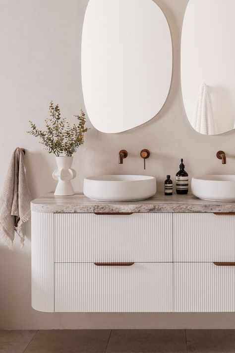 Meet Thirroul, our new Twin All-Drawer vanity with curved feature ends. By adding double the storage, this new design combines elegant style with practical functionality⁠ to create the perfect vanity for your coastal-inspired bathroom.⁠ Available now in 4 thermolaminated cabinet finishes: Ultra White, Coastal Oak, Prime Oak & Florentine Walnu Ensuite Vanity, Wall Hung Bathroom Vanities, Timber Vanity, Curved Wall, Black Kitchen Sink, White Kitchen Sink, Gold Bathroom Accessories, Steel Bath, Accessible Bathroom