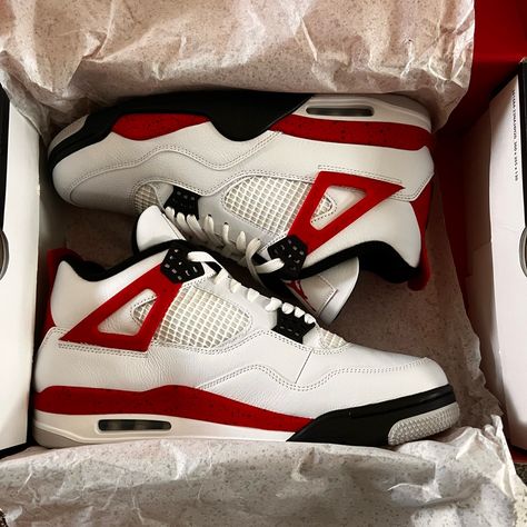 Brand New Air Jordan 4 Retro. White, Red, & Black. Men’s Size 12. Never Worn, Comes With Box Retro 4’s, Casual Shoes Women Sneakers, Jordan 4’s, Pretty Sneakers, Trendy Shoes Sneakers, Jordan 4s, Jordan Shoes Retro, Pretty Shoes Sneakers, All Nike Shoes