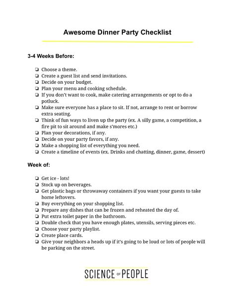 Awesome Dinner Party Checklist - How to create an awesome Dinner Party Checklist? Download this Awesome Dinner Party Checklist template now! Dinner Party Checklist, Party Checklist, Checklist Template, Business Templates, Business Template, Dinner Party, Dinner Ideas, Party Favors, To Create