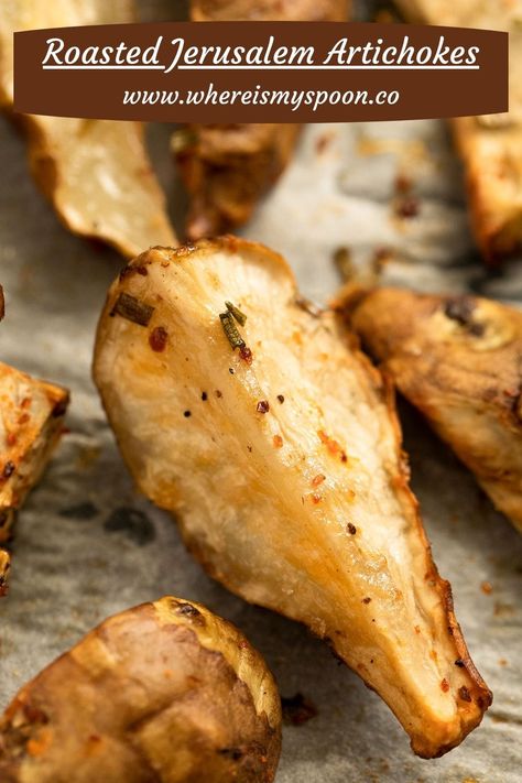 Learn how to cook Jerusalem artichokes or sunchokes, a funny-looking yet healthy and delicious root vegetable. #whereismyspoon #jerusalemartichokes #sunchokes #howtocooksunchokes #roastedjerusalemartichokes #roastedsunchokes #jerusalemartichokerecipes #sunchokerecipes #vegetables #vegetablesidedish Roasted Artichokes Oven, Jeruselum Artichoke, Sunchokes Recipe, Sunchoke Recipe, Vegetable Roast, How To Cook Artichoke, Roasted Artichoke, Roasted Vegetable Recipes, Potato Recipes Side Dishes