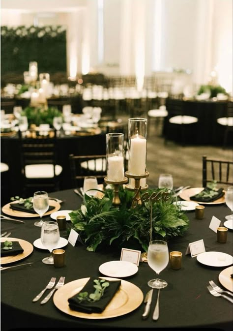 Black And Gold Vintage Wedding, Emerald And Black Centerpieces, Black Green Gold Wedding Bridesmaid Dresses, Black Gold And Green Centerpiece, Emerald Table Decor Wedding, Chic Moody Wedding, Black Gold And Green Wedding Decor, Black Cream Gold Green Wedding, Sage Gold Black Wedding