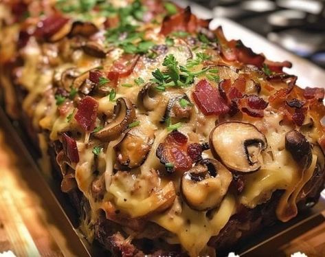 Quick Easy Casseroles, Mushroom Meatloaf, Bacon Meatloaf, Easy Casserole, Ground Meat, Meatloaf Recipes, Swiss Cheese, Ground Pork, Easy Food To Make