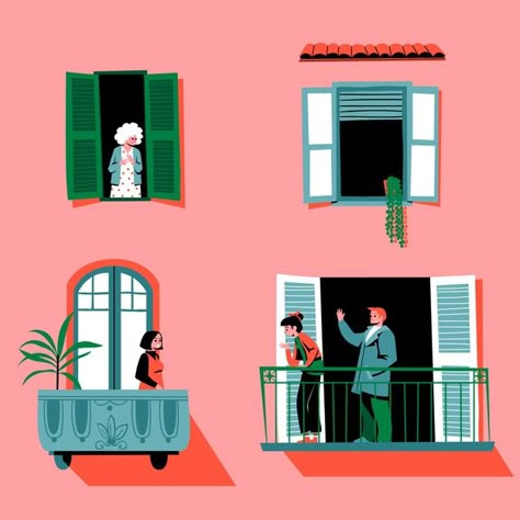 Neighbors Illustration, Lebanon Drawing Ideas, Balcony Illustration, Housing Illustration, Windows Illustration, Window Illustration, Print Design Template, School Murals, Building Illustration