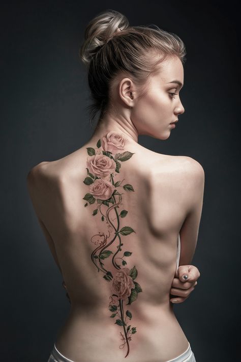 Discover the beauty of spine tattoos for women that blend elegance with the delicate charm of flowers. These designs are not just tattoos; they carry meaningful messages and can tell your unique story. Whether you choose a simple dainty floral pattern or a bold red and black design featuring a snake or butterfly, these tattoos are a perfect way to express your spirit.#spinetattoos #tattooideas #floraltattoos Elegant Spine Tattoos For Women, Elegant Spine Tattoos, Women With Flowers, Rose And Butterfly Tattoo, Rose Thorns, Spine Tattoos For Women, Spider Tattoo, Rose Vines, Spine Tattoo