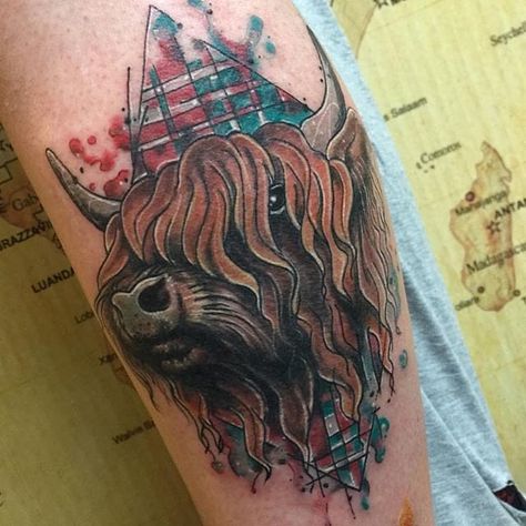 Scottish Tartan Tattoo, Scottish Themed Tattoos, Scotland Flag Tattoo, Highland Coo Tattoo, Traditional Scottish Tattoo, Scottish Flag Tattoo, Scottish Cow Tattoo, Scottish Tattoos For Women Scotland, Scottish Unicorn Tattoo