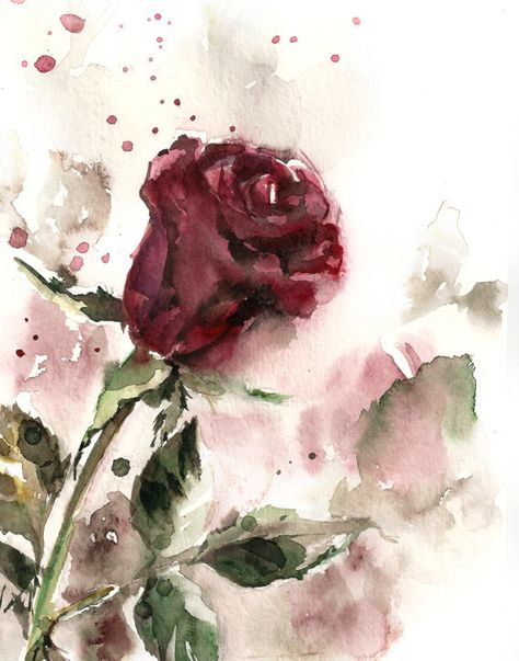 Red Rose Watercolor Painting Art Print, Red Green Floral Art, Modern Wall Art, Watercolor Art Rose Watercolor Painting, Rose Watercolor, Rose Wall Art, Red Art Print, Modern Abstract Wall Art, Single Rose, Watercolor Wall Art, Painting Wall Art, Rose Art