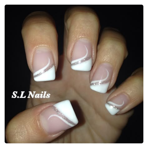 Unique French Tip Nails Design Short, French Tip With Silver Design, White French Tip Nails Square With Design, French Nails For Wedding, White French Nail Designs, White French Design, 2000s Wedding, Mod Nails, Diagonal Nails