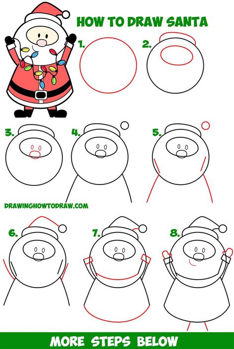 Learn How to Draw Santa Claus Holding Christmas Lights Easy Step by Step Drawing Tutorial for Kids Step By Step Santa Drawing For Kids, Crismas Drawings Ideas, Drawing Santa, Santa Drawing, Christmas Drawings For Kids, Lights Drawing, Kids Lights, Holiday Drawing, Draw Santa