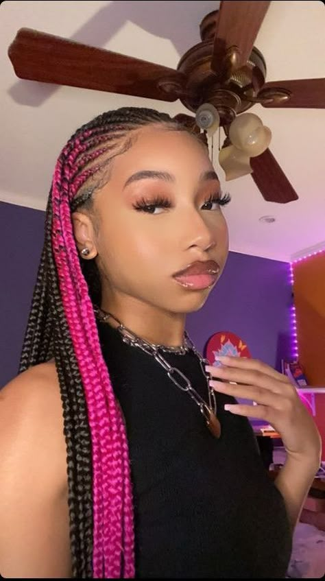 Box Braids With Pink, Pink And Black Braids, Cornrows With Box Braids, Black Box Braids, Pink And Black Hair, Big Box Braids Hairstyles, Braids For Black Women, Dyed Natural Hair, Quick Braided Hairstyles