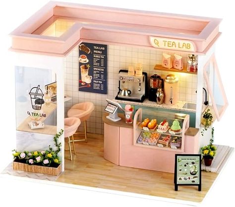 Amazon.com: Flever Dollhouse Miniature DIY House Kit Creative Room with Furniture for Romantic Valentine's Gift (Sunshine Tea Station) : Toys & Games Mini Furniture Diy, Place Reference, Diy Mini House, Miniature Cafe, Mini Bakery, Barbie Crafts, Mini Cafe, Tea Station, Creative Room