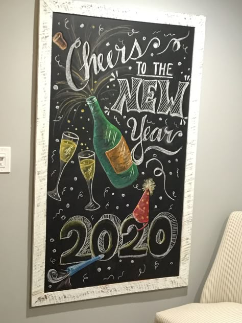 New Years Dry Erase Board Ideas, Music Chalkboard Art, Happy New Years Chalkboard Art, Chalkboard Art January, Happy New Year Chalkboard Ideas, Fun Chalkboard Art, New Year’s Eve Chalkboard Art, New Years Chalkboard Ideas, New Years White Board Ideas