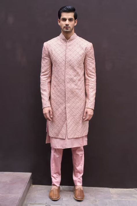 Rohak Hand Embroidered Sherwani Set Pink Sherwani, Satin Pant, Embroidered Sherwani, Haldi Outfits, Nehru Jackets, Indian Couture, Geometric Motifs, Geometric Diamond, Family Wedding