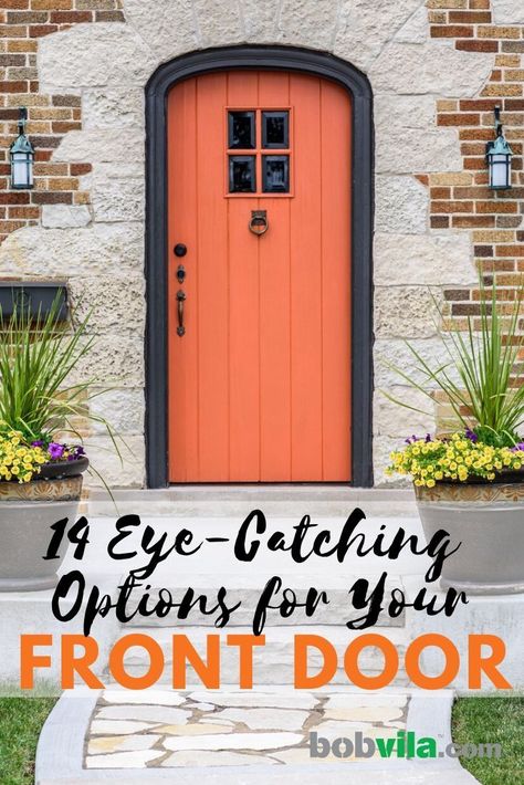 Change your front door to improve curb appeal. Check out these front door styles and colors for a new and improved exterior. | 14 Eye-Catching Options for Your Front Door Curb Appeal Door Color, Front Door Entrance Exterior, Front Door Transformation, Exterior Front Door Colors, Entry Door Colors, Exterior Updates, Single French Door, Bob Villa, Curb Appeal Ideas