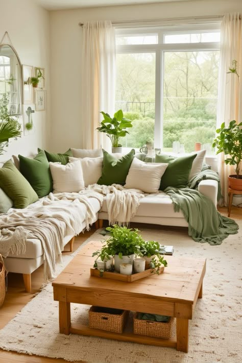 Cream Olive Green Living Room, White Green Living Room Decor, Green Couch Cozy Living Room, English Garden Decor Interior Design, Green White Wood Living Room, Pop Of Green Living Room, Green House Aesthetic Living Room, Beige And Green Living Room Ideas, Cozy Green Living Room