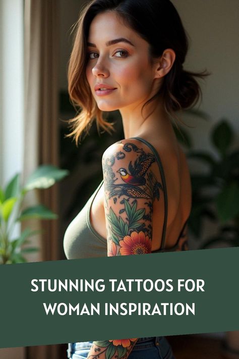 Stunning Tattoos for Woman Inspiration Woman’s Sleeve Tats, 2024 Tattoo Trends, Women's Tattoo Sleeve, Tradional Tattoo Women, Fully Tattooed Women, Bright Color Tattoos For Women, Earth Goddess Tattoo Divine Feminine, Torso Tattoos For Women, Strong Female Tattoos