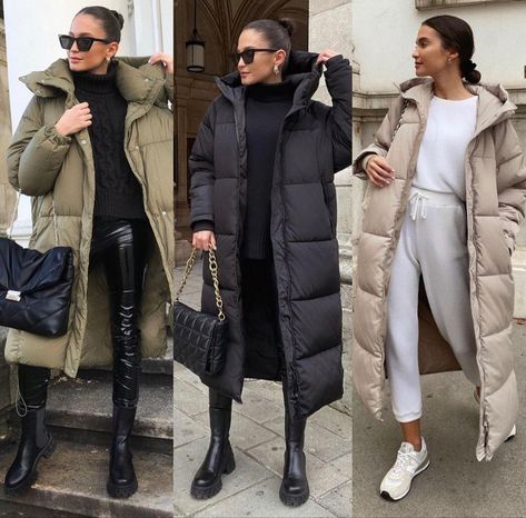 Black Long Jacket Outfit Winter, Plumiferos Mujer Outfit, Long Puffer Jacket Outfit Winter Style, Beige Puffer Coat Outfit, Long Black Puffer Coat Outfit, Long Puffer Outfit, Black Puffer Coat Outfit, Long Puffer Coat Outfit, Long Puffer Jacket Outfit