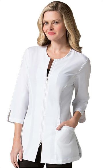 Pure Soft Women's Round Neck¾ Sleeve Lab Coat Jacket | allheart.com Lab Jacket, Nursing Fashion, Medical Outfit, Scrub Jackets, Lab Coats, Safety Clothing, Professional Wardrobe, Princess Seam, Three Quarter Sleeves