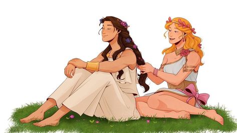 Kinschi on Instagram: “Headcanon that Athena quite enjoys it when Aprhodite braids her hair 🌺 #athena #aphrodite #greekgods #greekmythology #greekgoddess…” Athena And Aphrodite, Children Of Aphrodite, Mayan Empire, Alexa And Katie, Commission Ideas, Hades Game, Folk Lore, Greek Goddesses, Greek Mythology Gods