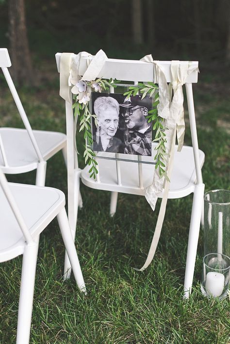 DIY Wedding Memorial Chair Decor - Aisle Society Wedding Memorial Chair, Wedding Ceremony Chairs, Army Wedding, Wedding Vow Books, Ceremony Chairs, Wedding Ceremony Signs, Chair Decor, August Wedding, Wedding Hashtag