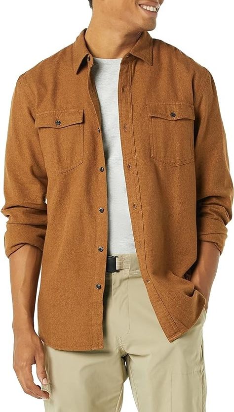 Amazon.com: Amazon Essentials Men's Slim-Fit Long-Sleeve Two-Pocket Flannel Shirt, Toffee Brown, Large : Clothing, Shoes & Jewelry Brown Shirt Men, Mens Business Casual Outfits, Mens Casual Dress Outfits, Brown Shirt, Brown Tshirt, Mens Flannel Shirt, Mens Flannel, Amazon Essentials, Mens Casual Dress