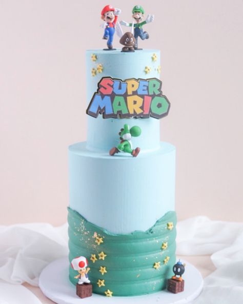 Super Mario Buttercream Cake, Birthday Sleepover Ideas, Super Mario Cake, Birthday Sleepover, Mario Cake, Two Tier Cake, Sleepover Ideas, Tier Cake, Easter Weekend