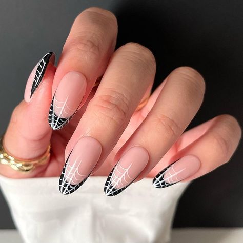 40 Halloween nails for 2022 to inspire you Short Almond Nails Spider Web, Halloween Nails Spider Web French Tip, Spider French Tip Nails, Spider Web French Tip Nails, Spider Web Nail Design, Gingham Nails, Nails Black French Tip, Spider Web Nails, Nails Black French