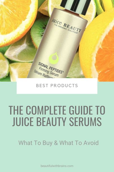 Juice Beauty is too fond of citrus extracts, a family of ingredients that can cause havoc on the skin, for my liking. Case in point: their serums. Only one passes the non-irritation test. And even then, only narrowly. So I'm not their biggest fan. But many of you ask me about them, so to please YOU my beautiful friends, here’s the complete guide to all Juice Beauty serums. Find out what to buy and what to avoid like the plague... #bestproducts Juice Beauty Skincare, Best Serums, Clean Beauty Makeup, Skincare Habits, Antioxidant Serum, Firming Serum, The Plague, Beauty Serums, Juice Beauty