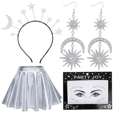 PRICES MAY VARY. Sun Moon Costume: you will receive 1 star moon headband, 1 pair of star moon earrings, 1 shiny flared holographic pleated skirt, 1 sheet star temporary tattoos/rhinestones sticker, mainly come in gold/silver color, simple yet classic Star Moon Halo: Made of alloy and crystal material, sturdy and solid, firm and strong, anti rust and colorfast, not easy to break, deform or bend, can retain its color and shape after long time use, featuring a retro style, these classic and popular Sun Moon Stars Costume, Sun Moon Costume, Stars Costume, Moon Headband, Sun And Moon Costume, Moon Halo, Moon Costume, Star Costume, Halloween Birthday Party