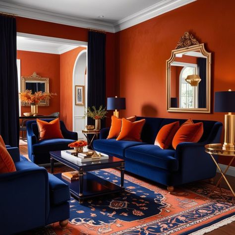 27 Stunning Burnt Orange Living Room Ideas for a Warm and Inviting Space - Style Zuri Burnt Orange Living Room Ideas, Orange Accents Living Room, Orange Living Room Ideas, Blue And Orange Living Room, Orange Leather Sofas, Lounge Colours, Blue And Yellow Living Room, Burnt Orange Living Room, Turquoise Living Room