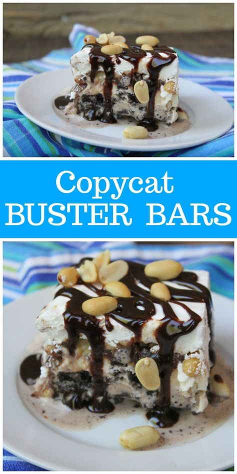 Copycat Buster Bars- a homemade version of Dairy Queen Buster Bars with Oreos, vanilla ice cream, fudge sauce, peanuts and whipped cream. Recipe from RecipeGirl.com #copycat #dairyqueen #busterbars #icecream #frozen #dessert #recipe #RecipeGirl Buster Bar, Ice Cream Fudge, Buster Bars, Whipped Cream Recipe, Cream Fudge, Frozen Dessert Recipe, Cream Cakes, Recipe Girl, Dairy Queen