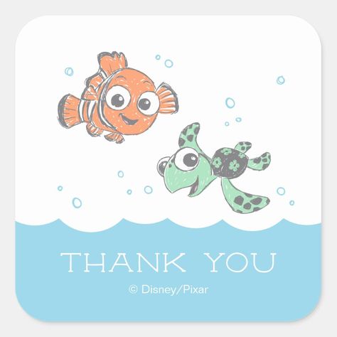 Finding Nemo and Squirt Birthday Thank You Square Sticker  Zazzle Staying True To Yourself, Power Of Friendship, Blue Tang Fish, Tang Fish, Thank You Tag Printable, Blue Tang, Pixar Films, Finding Dory, Baby Shower Thank You