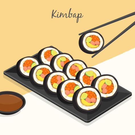 Kimbap Illustration, Kimbap Drawing, Korean Food Cartoon, Kimchi Sauce, Korean Kimbap, Korean Menu, Soy Sauce Recipe, Seaweed Rice, Recipe Illustration