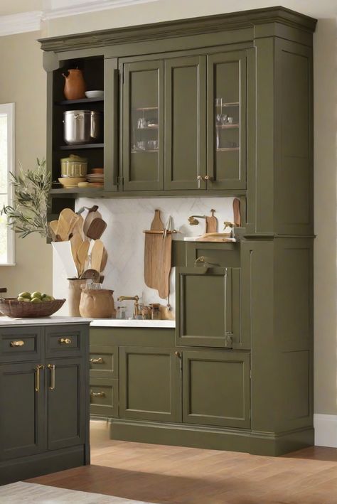 kitchen cabinet paint, kitchen cabinet colors, kitchen cabinet design, interior paint ideas 
home decorating, home interior design, interior design space planning, living room interior Wall Colors For Green Cabinets, Sw Ripe Olive Cabinets, White Dove Cabinets, Kitchen Cabinet Paint, Diy Hardwood Floors, Brown Leather Furniture, Osb Wood, Olive Green Paints, Paint Guide