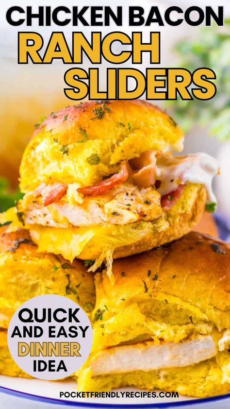 Chicken Bacon Ranch Sliders Chicken Bacon Ranch Sliders, Bacon Ranch Sliders, Ranch Sliders, Chicken Bacon Ranch Sandwich, Cheesy Chicken Recipes, Quick Family Meals, Creamy Ranch Dressing, Leftover Rotisserie Chicken, Chicken Sliders