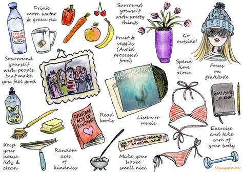 How to stay happy and healthy - by Mangomini Relax Ideas, Bullet Journal Calendrier, Happy List, Watercolor Doodles, Hello Giggles, Ballet Journal, Books Flowers, Things To Wear, Happiness Project