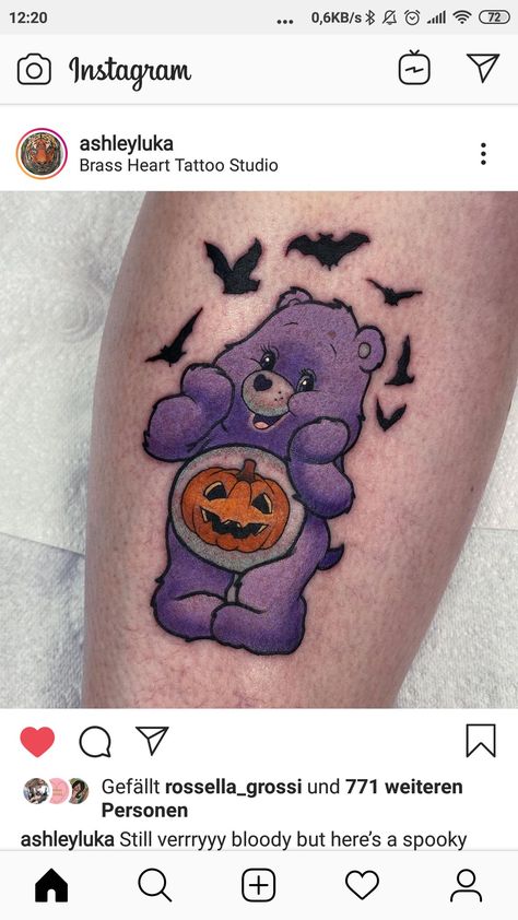 Spooky Care Bear Tattoo, Halloween Care Bear Tattoo, Halloween Related Tattoos, Cute Small Halloween Tattoos For Women, Halloween Care Bear, Care Bear Tattoo, Diana Tattoo, Scare Bears, Tattoos Celtic