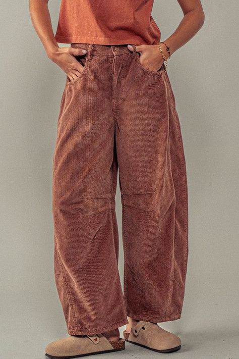 Corduroy barrel jean. Features: High rise Functional pockets Button & zip fly closure Fabric: 100% Polyester 0730-8974 Chill Style, Blessing Dress, Holiday Headbands, Girl Blogging, Brown Jeans, Clothing Aesthetic, 2024 Outfits, Comfy Pants, Curvy Jeans