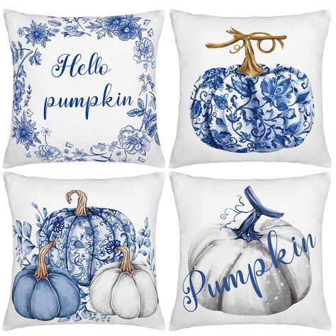 PRICES MAY VARY. Peach Skin Chinoiserie Fall Pumpkin Pillow Covers: each pack of the pumpkin pillow covers set includes 4 unique designs, providing you with more options to choose from; Whether you want to match or contrast, these pillow covers are sure to elevate your interior decor (Pillow insert not included Quality Material and Craftsmanship: the blue and white pillow covers 18x18 are made from breathable fabric and handmade to ensure comfort, durability, and lightness; They feature quality Fall Couch Pillows, Fall Couch, Blue Fall Decor, Leaf Case, Pillows Blue, Blue And White Pillows, Pumpkin Pillow, White Pillow Covers, Pumpkin Pillows