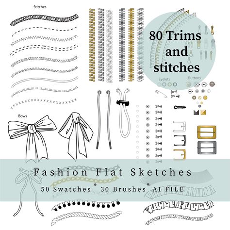 80+ Illustrator brushes for technical flat sketches. Stitches, trims, zippers, buttons. #illustrator #flatsketch #design . #Croquis #Chain_Stitch #Adobe_Illustrator_Fashion #Illustrator_Brushes Adobe Illustrator Brushes, Illustrator Brushes, Procreate Brushes Free, Flat Sketches, Free Brush, Pom Pom Trim, Flat Illustration, Make Design, Chain Stitch