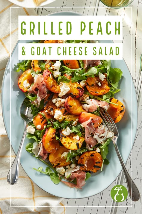 This quick-to-make summer salad recipe combines the sweet flavors of peaches and apricots with tangy goat cheese and salty prosciutto. It’s simple, easy and sensational on sunny days! Apricot Salad, Peaches And Goat Cheese, Peach And Goat Cheese, Peach And Prosciutto Salad, Peach Goat Cheese, Grilled Peaches Balsamic, Salad With Peaches And Goat Cheese, Peach And Goat Cheese Salad, Peach Blueberry Goat Cheese Salad