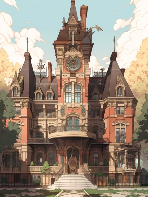 Victorian Mansion Concept Art, Dnd Mansion Art, Victorian House Concept Art, Fantasy Building Interior, Fantasy Manor Art, Stone Victorian House, Mansion Fantasy Art, Victorian Concept Art, Fantasy Townhouse