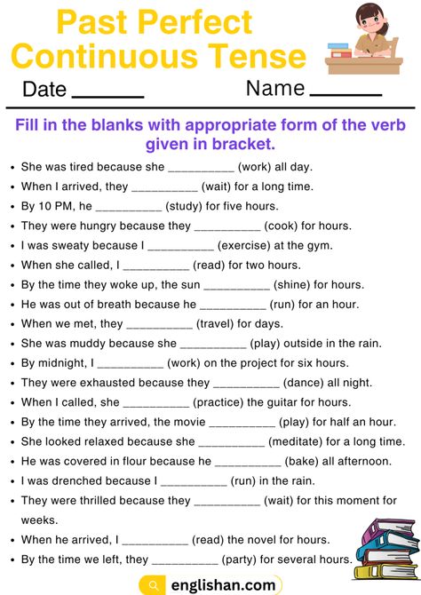 Past Perfect Continuous Tense Worksheets Past Continuous Tense Worksheet, Perfect Continuous Tense, Past Perfect Continuous Tense, Past Continuous Tense, Past Perfect Tense Worksheets, Past Perfect Continuous Worksheets, Past Continuous Worksheets, Past Perfect Tense, Past Perfect