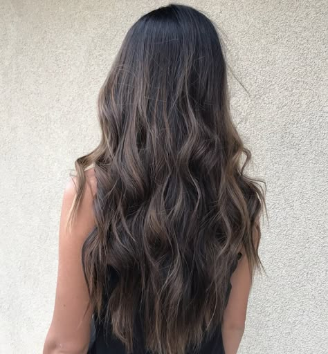 Long Dark Brown Hair Cool Tone, Dark Chocolate Brown Hair Dimension, Ashy Brown Babylights On Dark Hair, Natural Dark Balayage, Beachy Dark Brown Hair, Subtle Ash Brown Balayage On Black Hair, Long Brunette Hair Extensions, Dementional Hair Dark Brown, Brown Balayage Black Hair