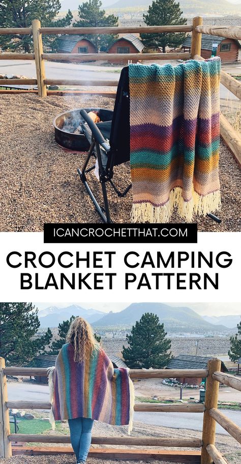 Crochet Fireside Blanket, Colorado Crochet Blanket, Pendleton Blanket Crochet Pattern, Crochet Camping Blanket Free Pattern, Crochet Camp Blanket, Crochet Outdoor Blanket, Campfire Blanket Pattern, Camping Blanket Diy, Fireside Crochet Blanket