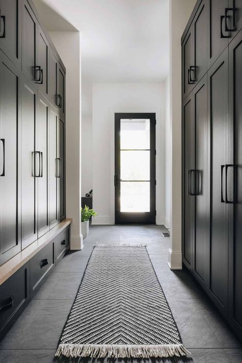 Black Mudroom, Black Shaker Cabinets, Transitional Laundry Room, Stucco House, Mudroom Cabinets, Mudroom Flooring, Black Backsplash, Exterior Houses, Black Floor Tiles