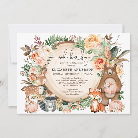 Woodland Animals Fall Pumpkin Floral Baby Shower Invitation  Zazzle Girl Woodland, Boho Baby Shower Invitations, Diy Bebe, Woodland Baby Shower Invitations, Girl 2nd Birthday, Floral Baby Shower Invitations, Invitation Baby Shower, Animal Baby Shower, Boho Baby Shower