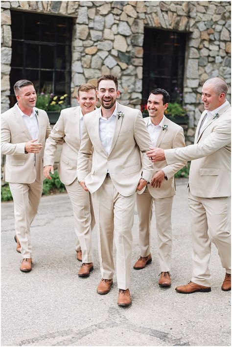 Cream Linen Groom + Groomsmen Suits for a Winter Wedding at Rainbow Lodge in Tahoe | Ashley Carlascio Photography | The rustic elegance of Rainbow Lodge in Soda Springs, Tahoe helped to create a picture-perfect summer wedding day for Kelly + Carson! See more on the blog. Cream Groomsmen Attire, Linen Groomsmen Attire, Linen Groom, Wedding Groomsmen Attire, Suits Wedding, Historic Wedding, Palette Inspiration, Groom Groomsmen, Tahoe Wedding